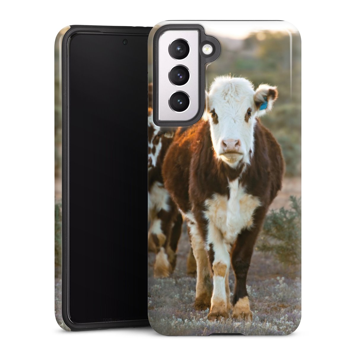 Galaxy S21 5G Handy Panzer Handyhülle robuste Outdoor Hülle Schutzhülle glänzend Cow Farmer Calf Tough Case