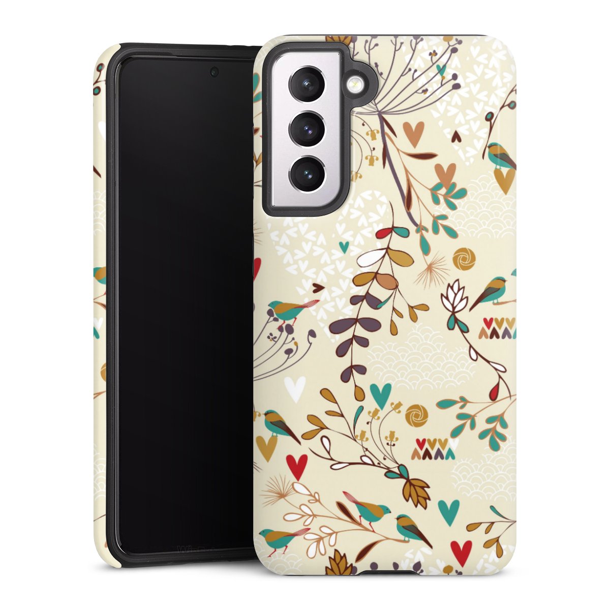 Galaxy S21 5G Handy Panzer Handyhülle robuste Outdoor Hülle Schutzhülle glänzend Bird Flowers Retro Tough Case