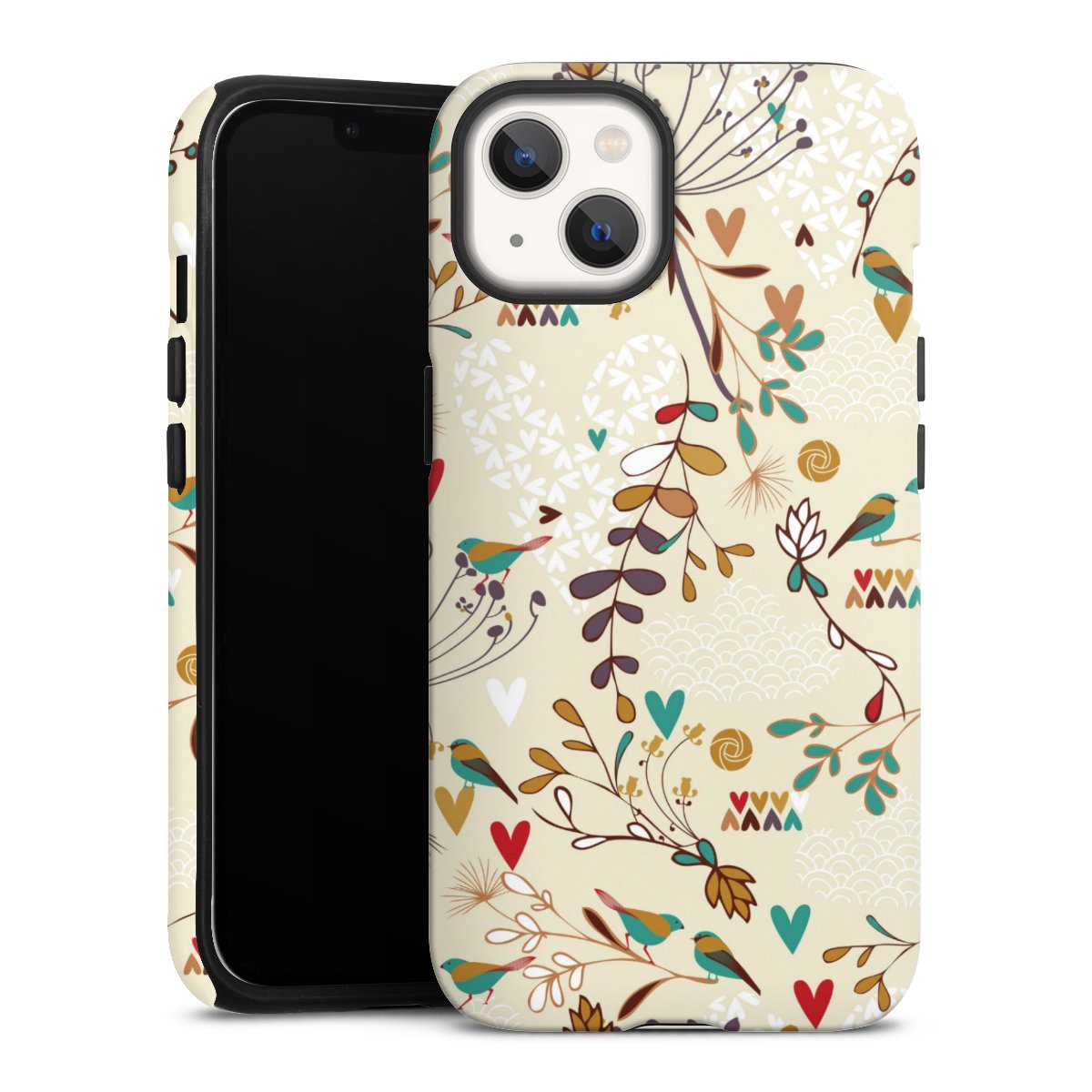 iPhone 13 Handy Panzer Handyhülle robuste Outdoor Hülle Schutzhülle matt Bird Flowers Retro Tough Case