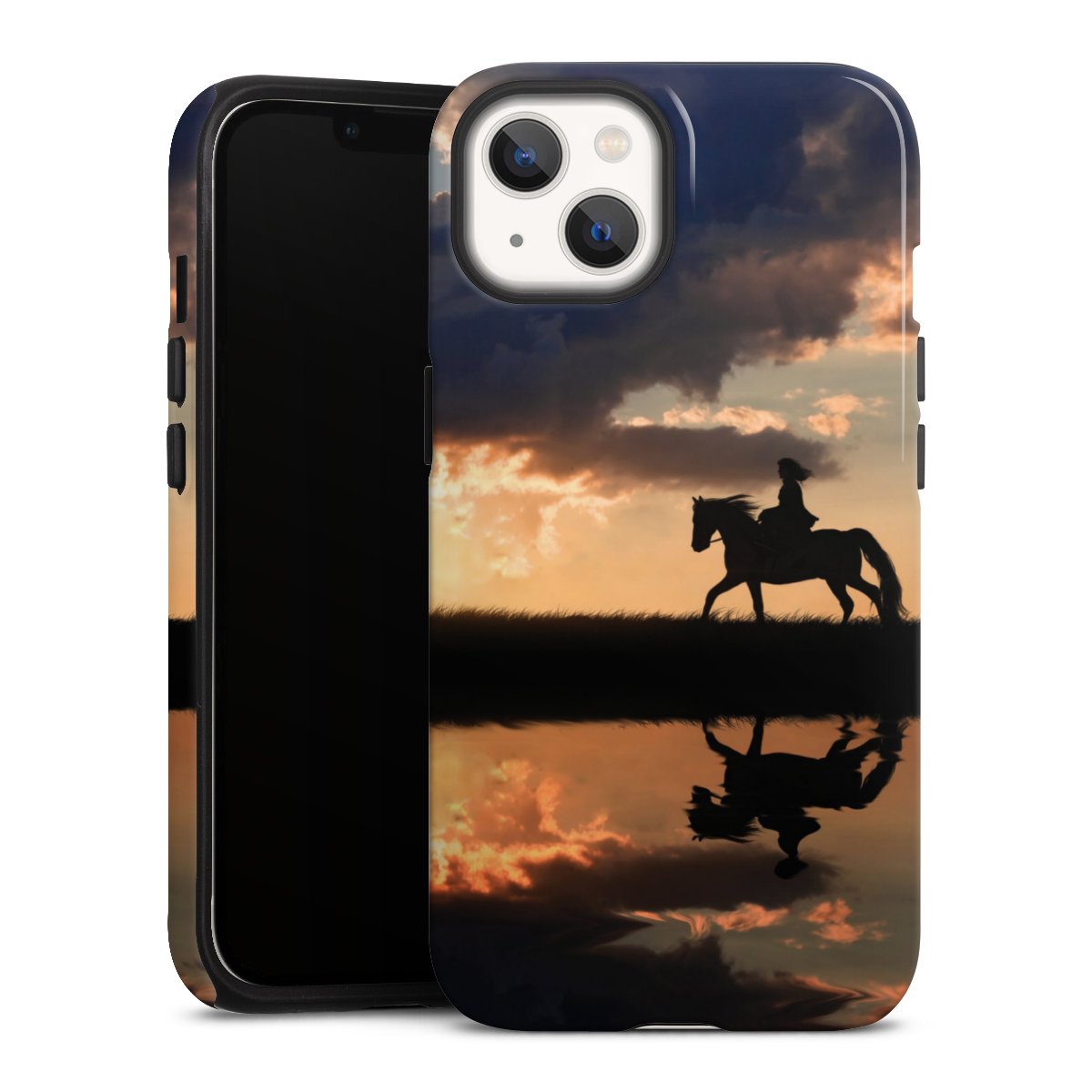 iPhone 13 Handy Panzer Handyhülle robuste Outdoor Hülle Schutzhülle glänzend Horse Sunset Horseback Riding Tough Case