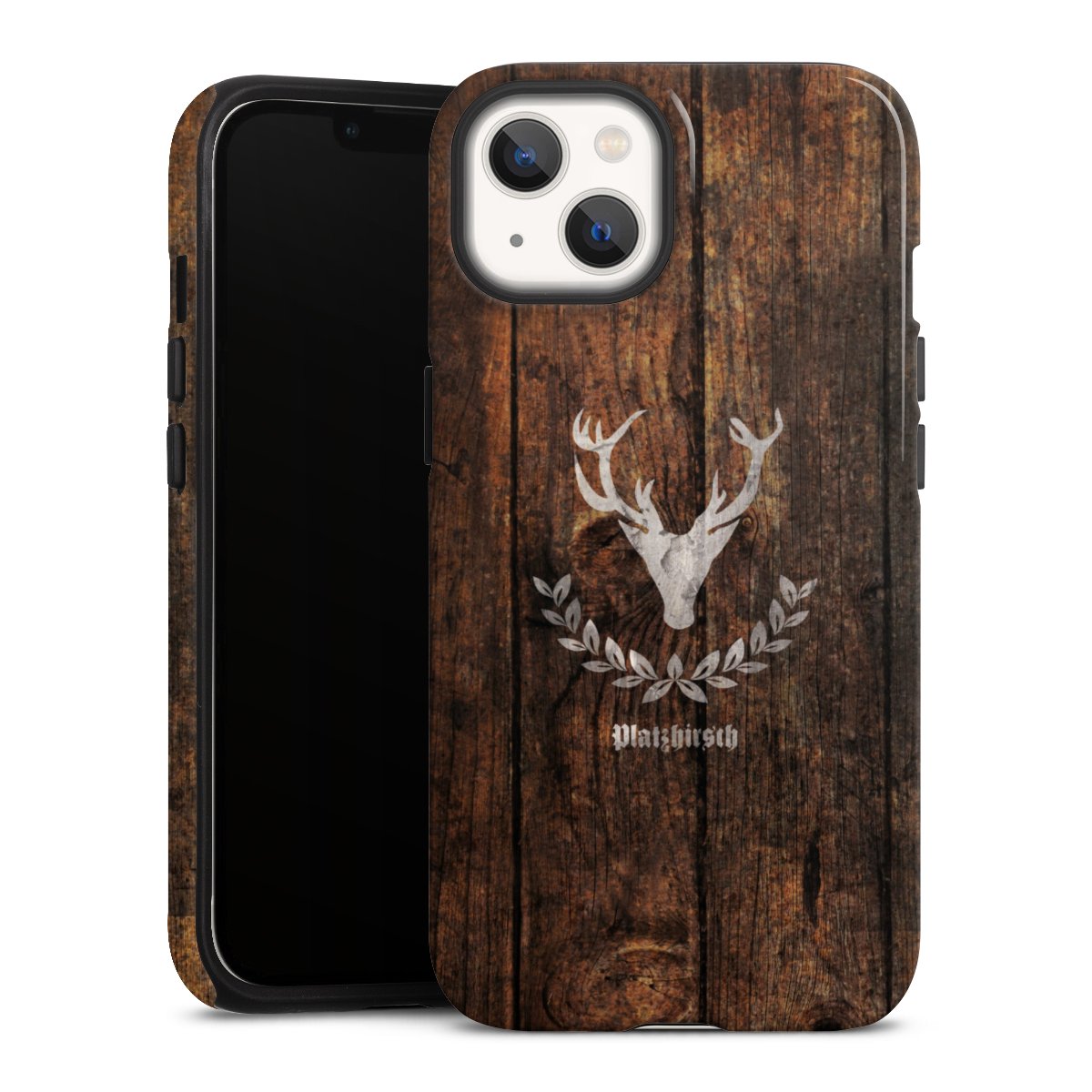 iPhone 13 Handy Panzer Handyhülle robuste Outdoor Hülle Schutzhülle glänzend Deer Wood Wooden Look Tough Case