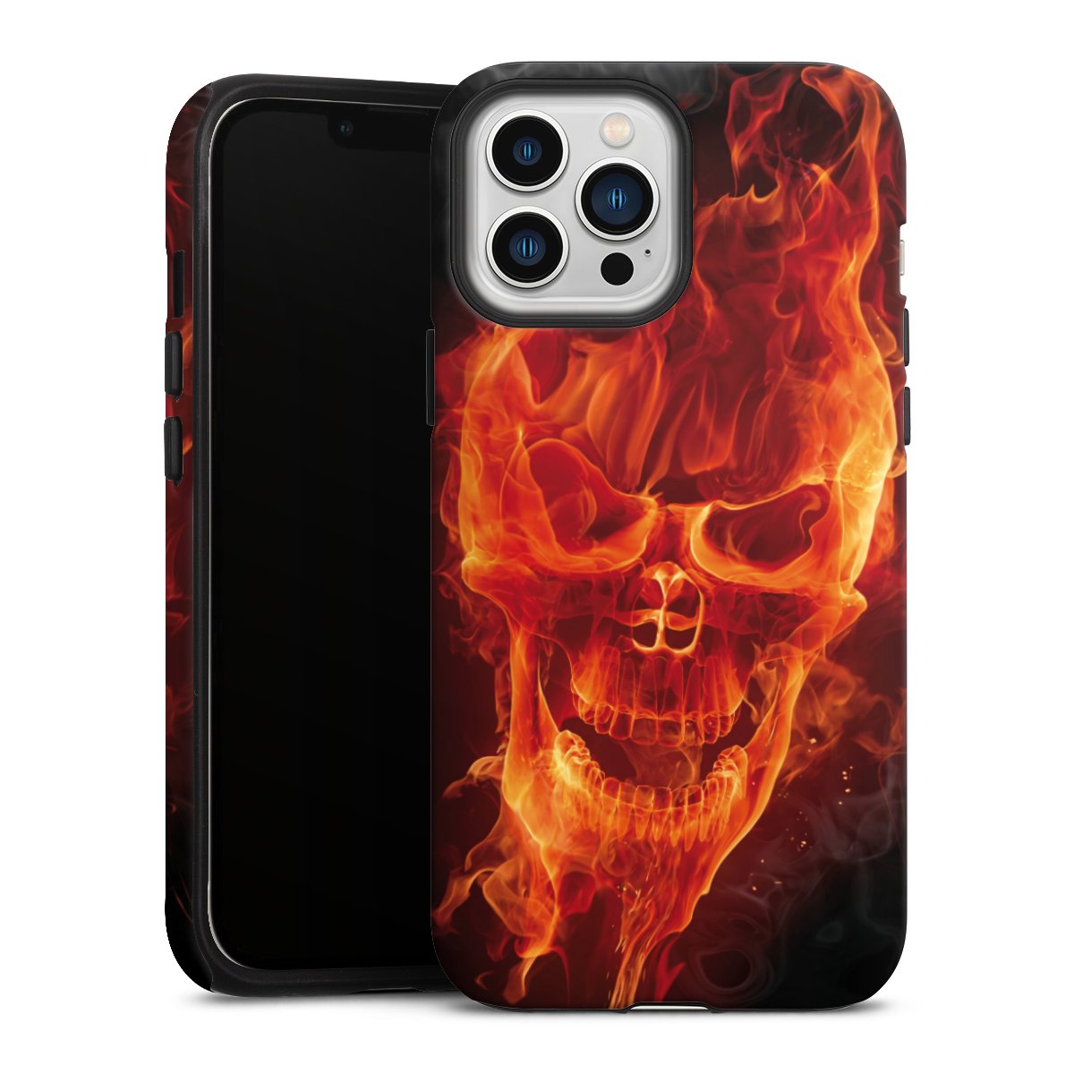 iPhone 13 Pro Max Handy Panzer Handyhülle robuste Outdoor Hülle Schutzhülle matt Totenkopf Skull Fire Tough Case