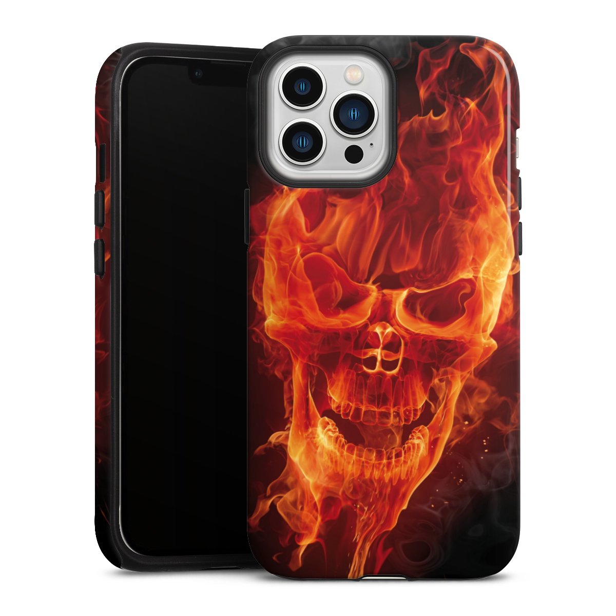 iPhone 13 Pro Max Handy Panzer Handyhülle robuste Outdoor Hülle Schutzhülle glänzend Totenkopf Skull Fire Tough Case