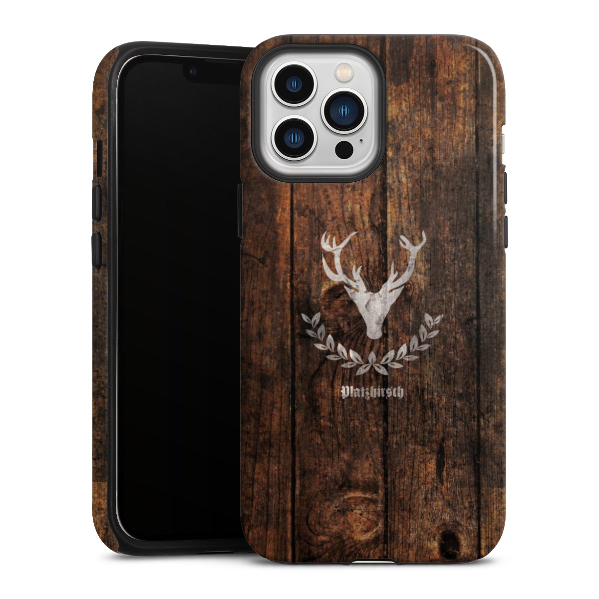 iPhone 13 Pro Max Handy Panzer Handyhülle robuste Outdoor Hülle Schutzhülle glänzend Deer Wood Wooden Look Tough Case