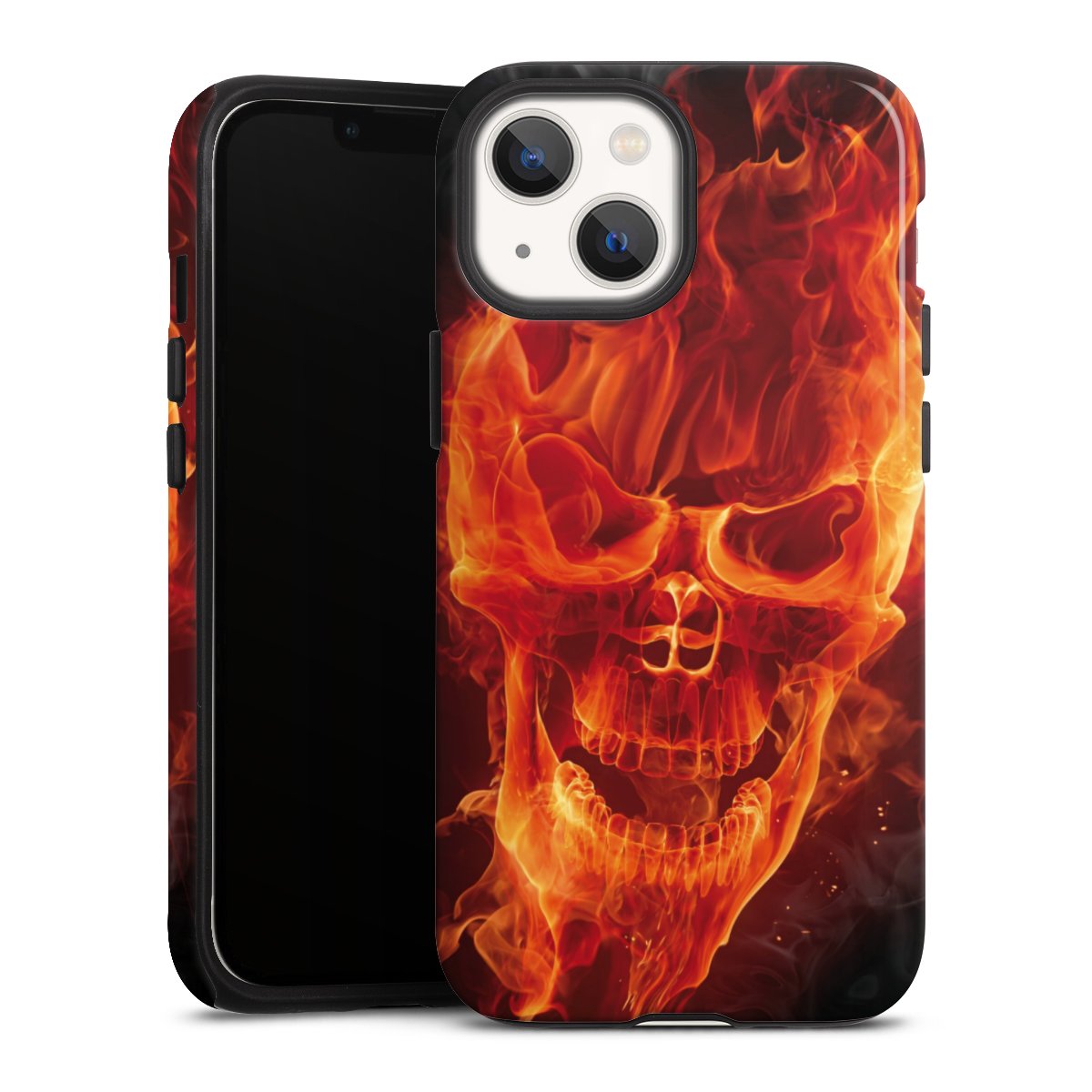 iPhone 13 Mini Handy Panzer Handyhülle robuste Outdoor Hülle Schutzhülle glänzend Totenkopf Skull Fire Tough Case