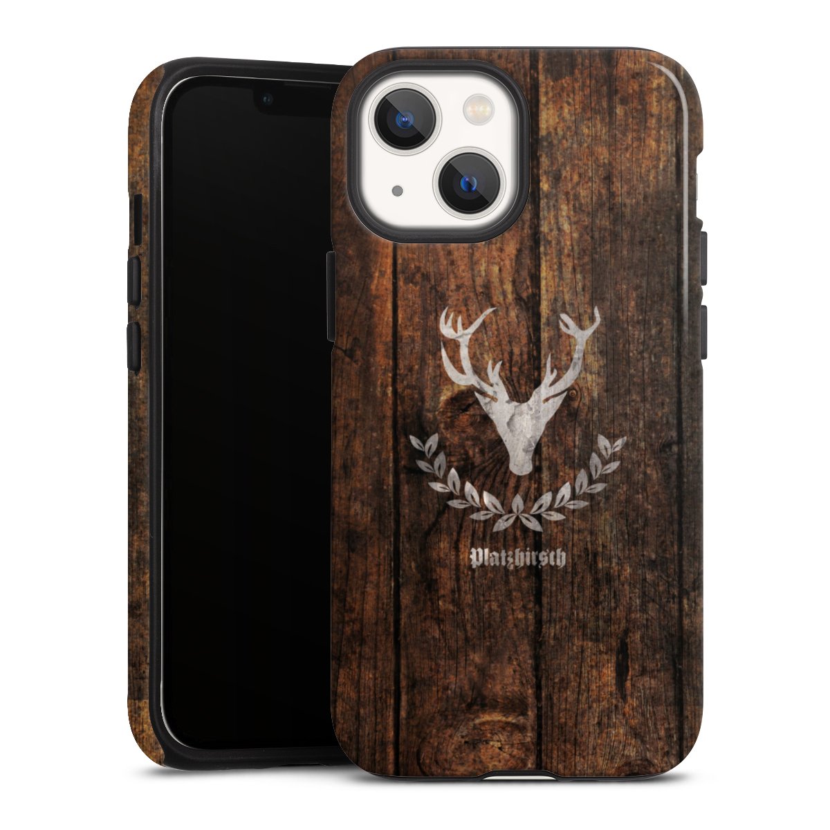 iPhone 13 Mini Handy Panzer Handyhülle robuste Outdoor Hülle Schutzhülle glänzend Deer Wood Wooden Look Tough Case