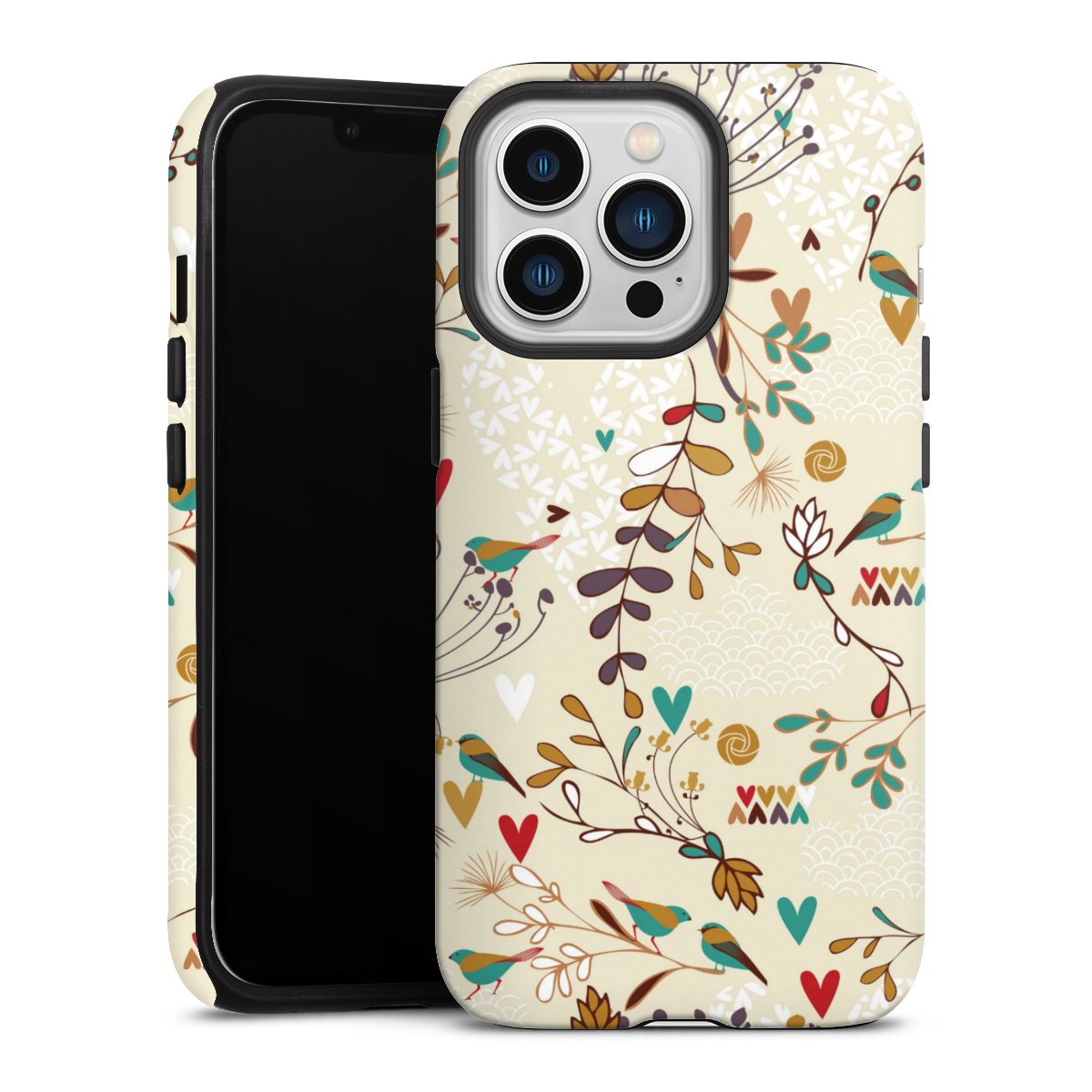 iPhone 13 Pro Handy Panzer Handyhülle robuste Outdoor Hülle Schutzhülle matt Bird Flowers Retro Tough Case