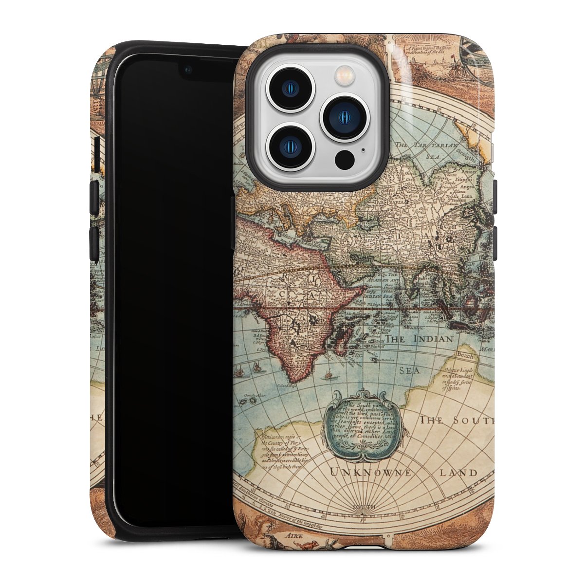 iPhone 13 Pro Handy Panzer Handyhülle robuste Outdoor Hülle Schutzhülle glänzend World Map Vintage Map Tough Case