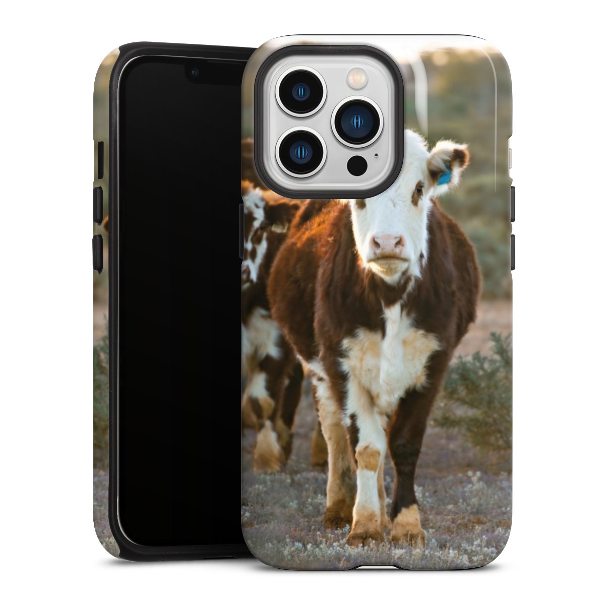 iPhone 13 Pro Handy Panzer Handyhülle robuste Outdoor Hülle Schutzhülle glänzend Cow Farmer Calf Tough Case