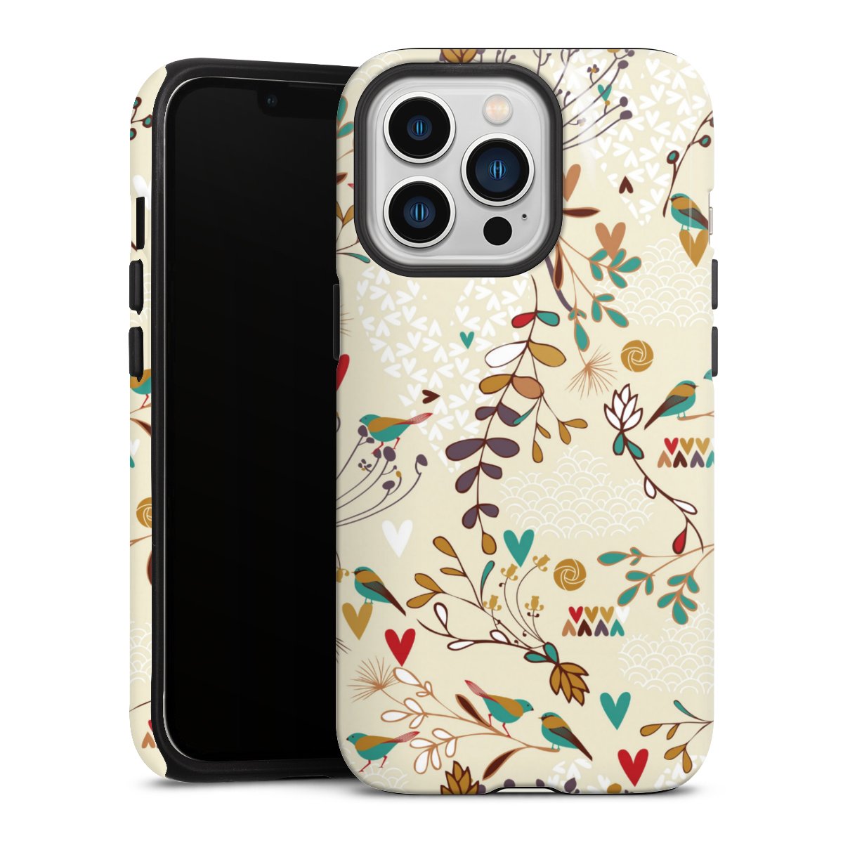 iPhone 13 Pro Handy Panzer Handyhülle robuste Outdoor Hülle Schutzhülle glänzend Bird Flowers Retro Tough Case