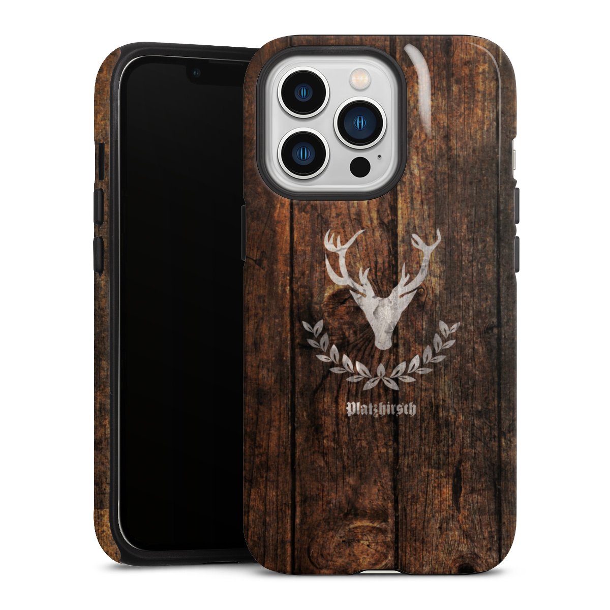 iPhone 13 Pro Handy Panzer Handyhülle robuste Outdoor Hülle Schutzhülle glänzend Deer Wood Wooden Look Tough Case