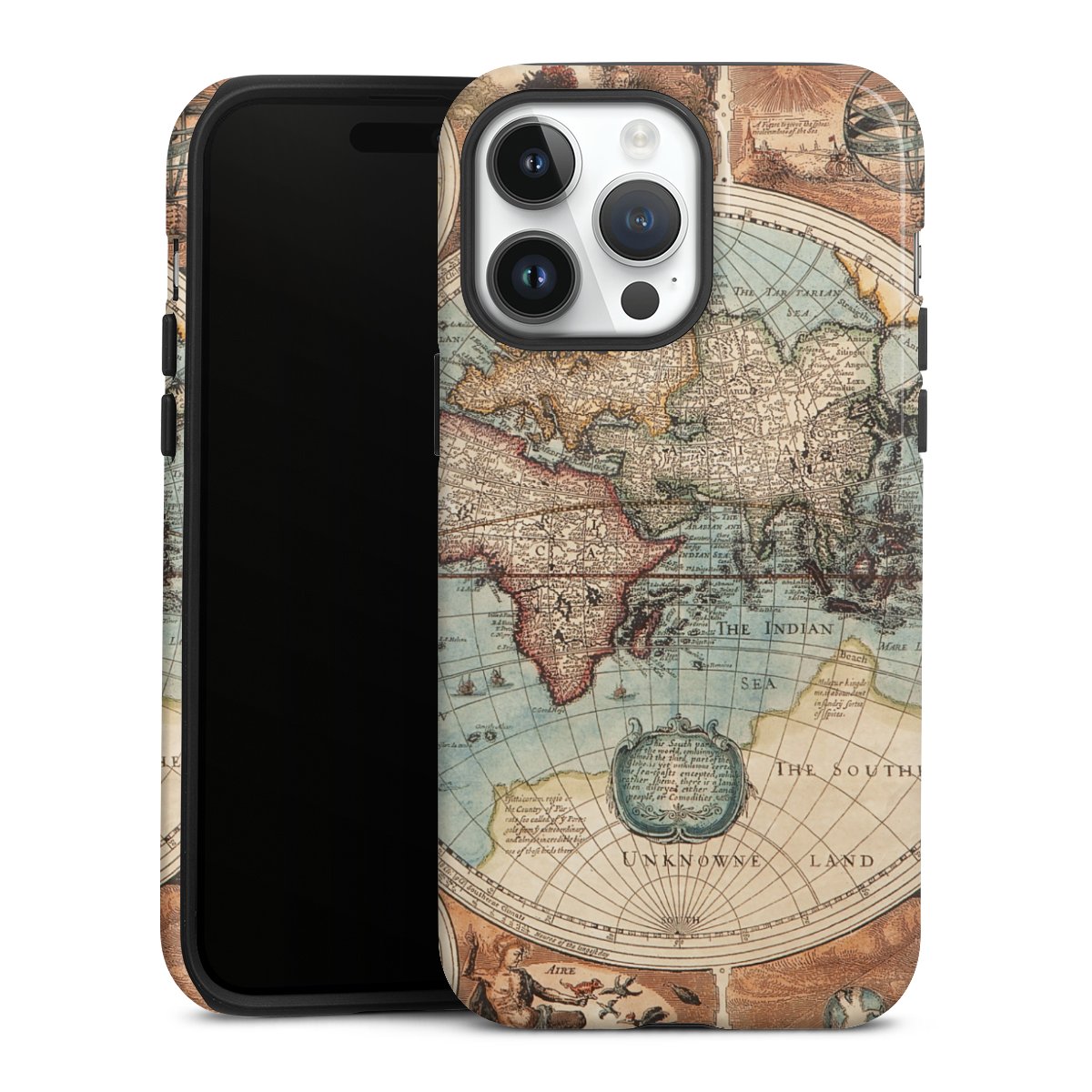 iPhone 14 Pro Max Handy Panzer Handyhülle robuste Outdoor Hülle Schutzhülle glänzend World Map Vintage Map Tough Case