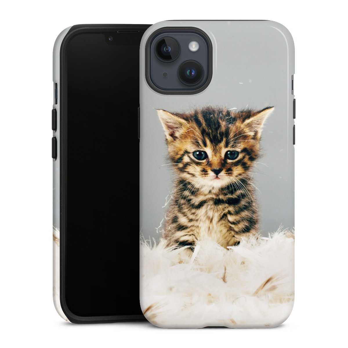 iPhone 14 Plus Handy Panzer Handyhülle robuste Outdoor Hülle Schutzhülle glänzend Pet Feather Cat Tough Case