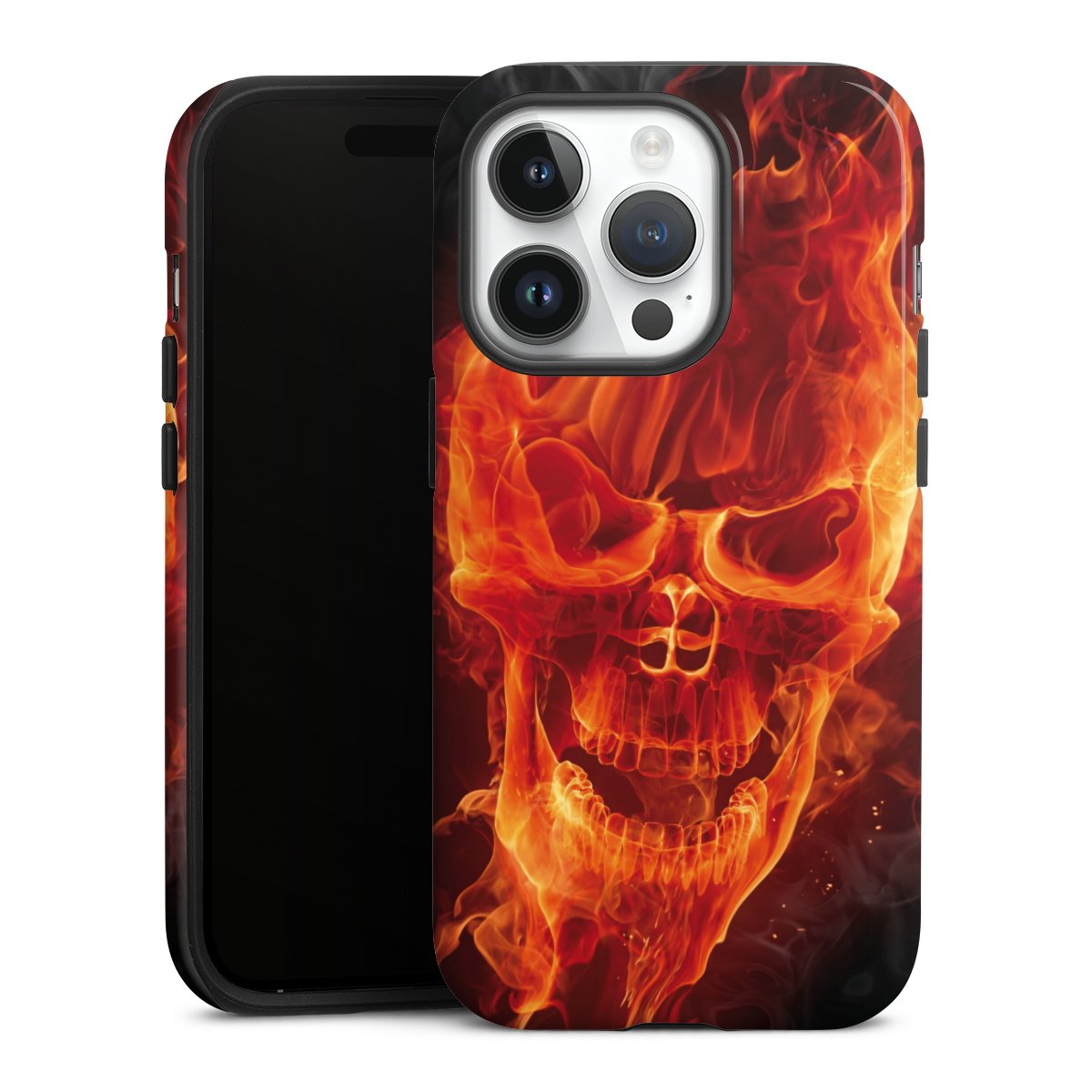 iPhone 14 Pro Handy Panzer Handyhülle robuste Outdoor Hülle Schutzhülle glänzend Totenkopf Skull Fire Tough Case