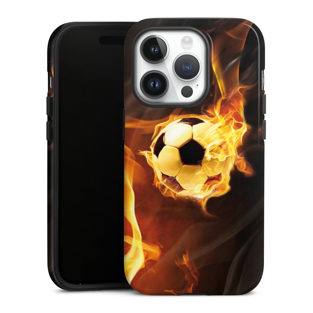 iPhone 14 Pro Handy Panzer Handyhülle robuste Outdoor Hülle Schutzhülle glänzend Ball Fire Soccer Tough Case