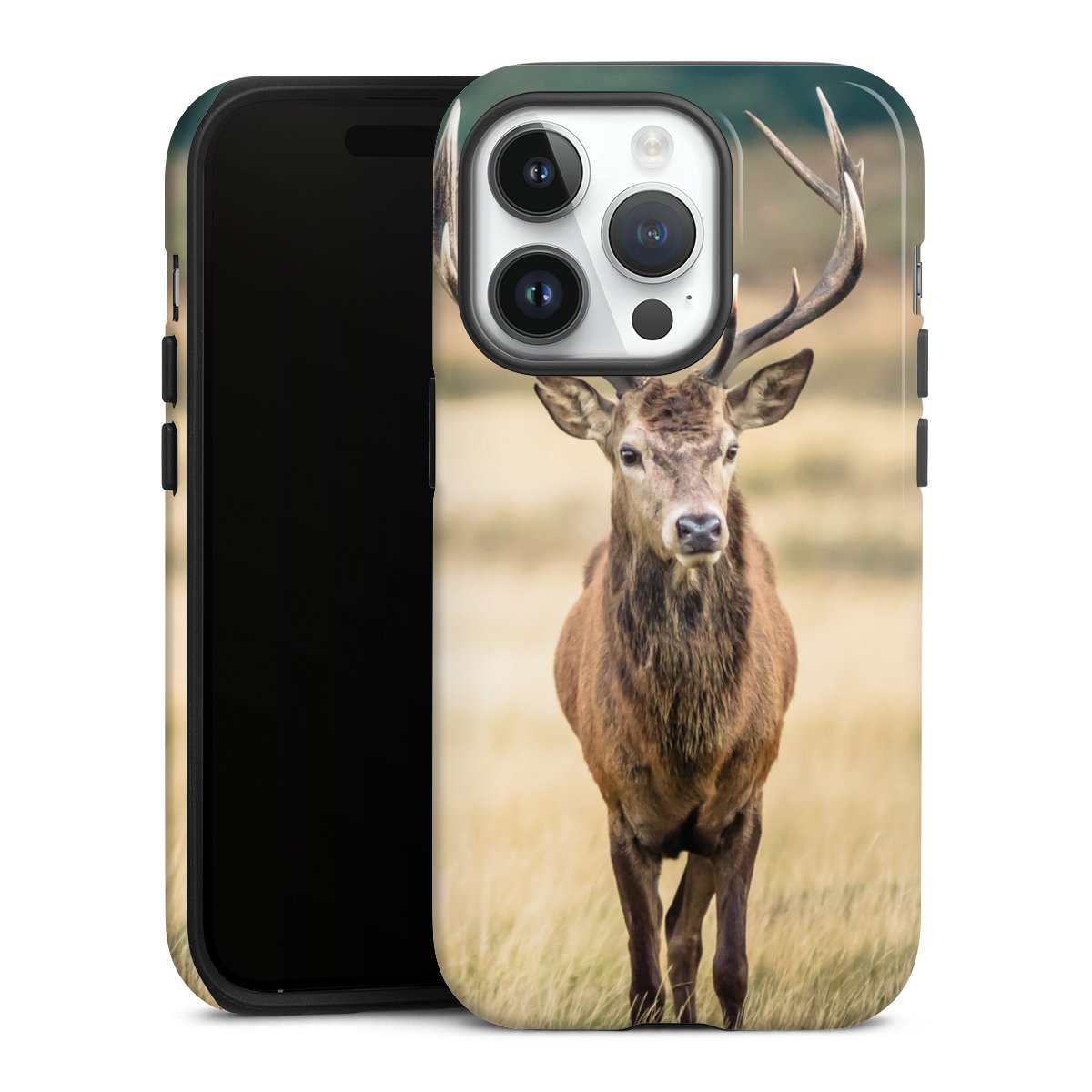 iPhone 14 Pro Handy Panzer Handyhülle robuste Outdoor Hülle Schutzhülle glänzend Deer Meadow Forrest Tough Case