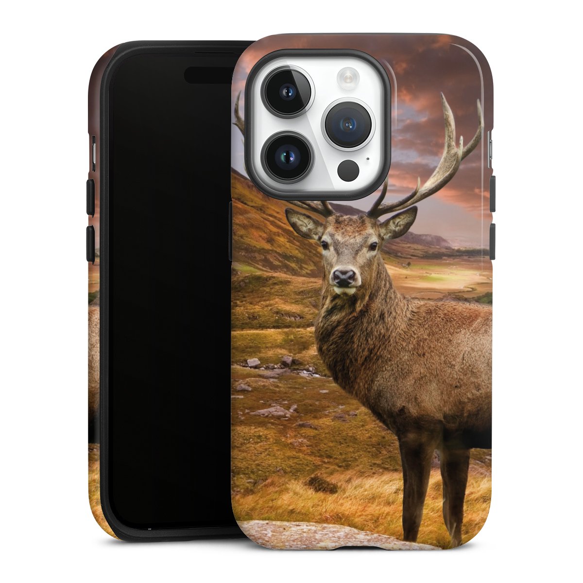 iPhone 14 Pro Handy Panzer Handyhülle robuste Outdoor Hülle Schutzhülle glänzend Meadow Mountain Deer Tough Case