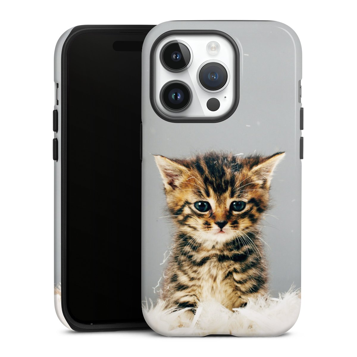 iPhone 14 Pro Handy Panzer Handyhülle robuste Outdoor Hülle Schutzhülle glänzend Cat Feather Pet Tough Case