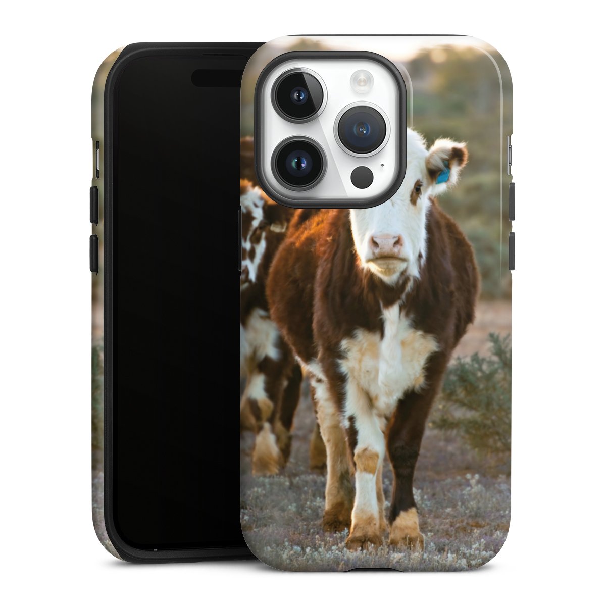 iPhone 14 Pro Handy Panzer Handyhülle robuste Outdoor Hülle Schutzhülle glänzend Cow Farmer Calf Tough Case