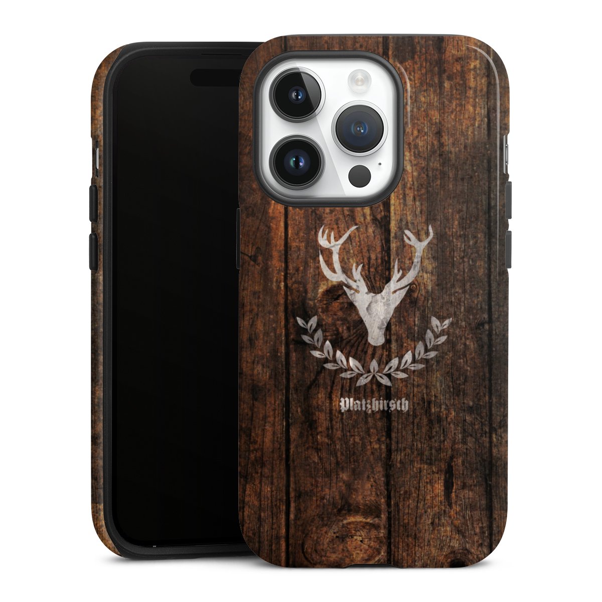 iPhone 14 Pro Handy Panzer Handyhülle robuste Outdoor Hülle Schutzhülle glänzend Deer Wood Wooden Look Tough Case