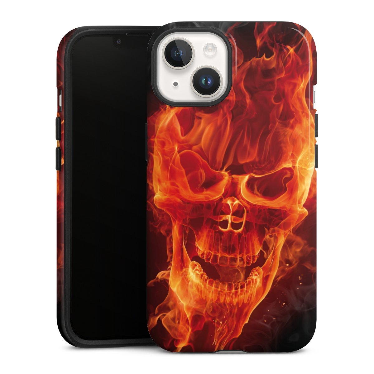 iPhone 14 Handy Panzer Handyhülle robuste Outdoor Hülle Schutzhülle glänzend Totenkopf Skull Fire Tough Case