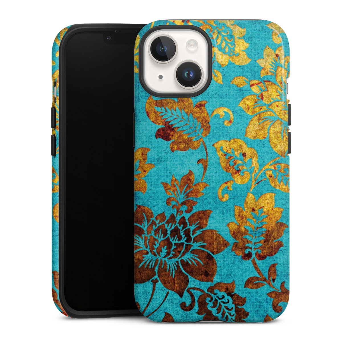 iPhone 14 Handy Panzer Handyhülle robuste Outdoor Hülle Schutzhülle glänzend Ornament Vintage Flowers Tough Case