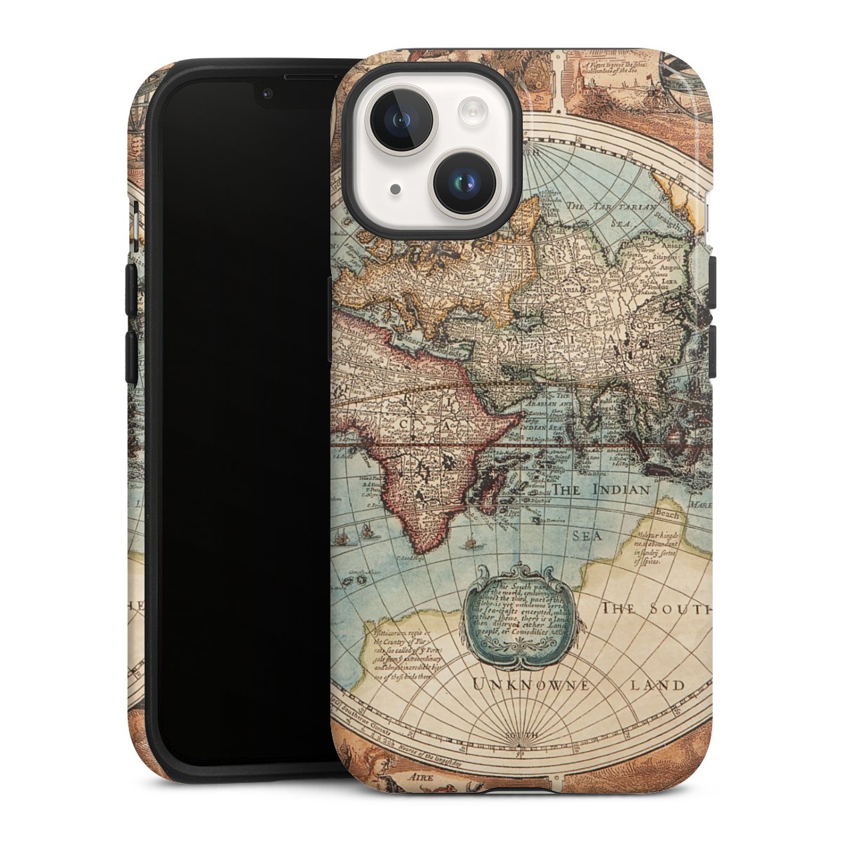 iPhone 14 Handy Panzer Handyhülle robuste Outdoor Hülle Schutzhülle glänzend World Map Vintage Map Tough Case