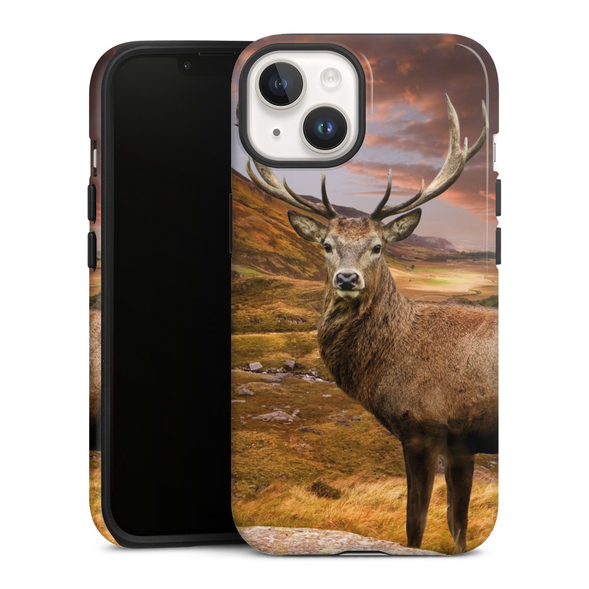 iPhone 14 Handy Panzer Handyhülle robuste Outdoor Hülle Schutzhülle glänzend Meadow Mountain Deer Tough Case