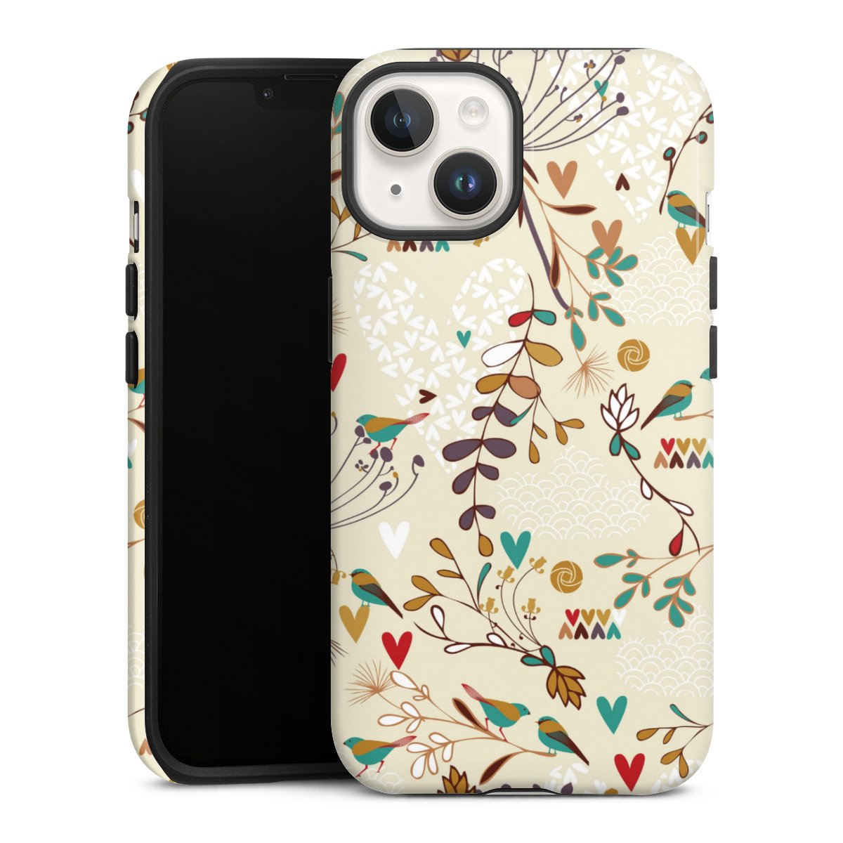 iPhone 14 Handy Panzer Handyhülle robuste Outdoor Hülle Schutzhülle glänzend Bird Flowers Retro Tough Case