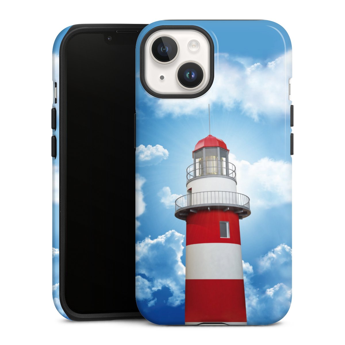 iPhone 14 Handy Panzer Handyhülle robuste Outdoor Hülle Schutzhülle glänzend Lighthouse Sky Cloud Tough Case