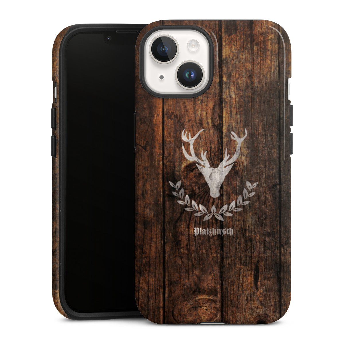 iPhone 14 Handy Panzer Handyhülle robuste Outdoor Hülle Schutzhülle glänzend Deer Wood Wooden Look Tough Case