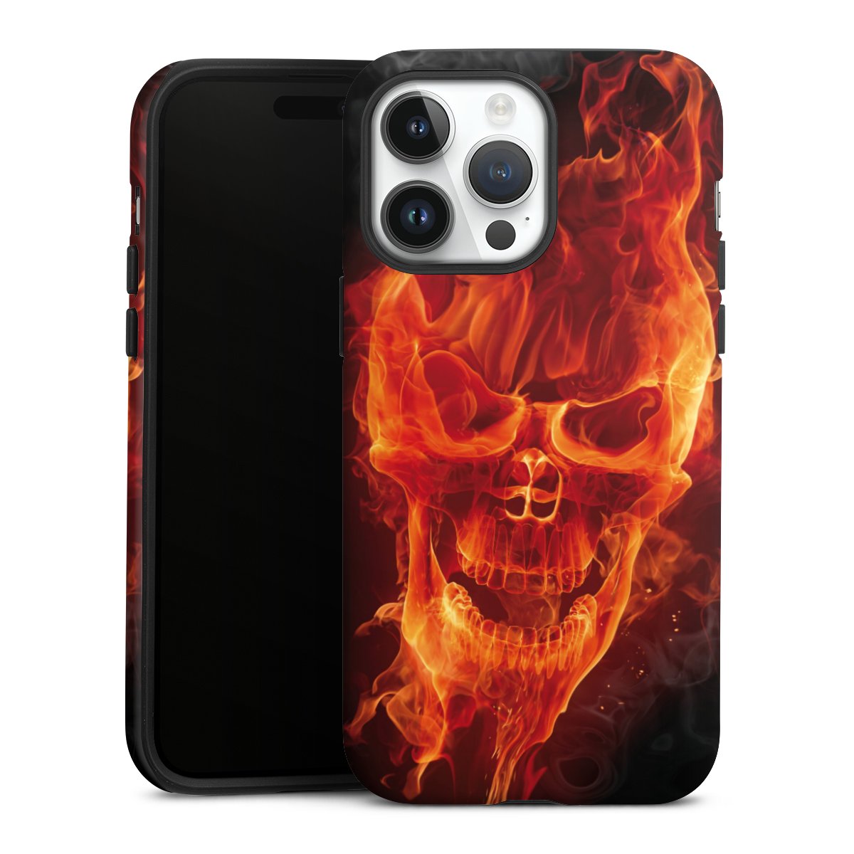 iPhone 14 Pro Max Handy Panzer Handyhülle robuste Outdoor Hülle Schutzhülle matt Totenkopf Skull Fire Tough Case