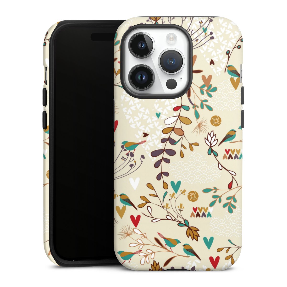 iPhone 14 Pro Handy Panzer Handyhülle robuste Outdoor Hülle Schutzhülle matt Bird Flowers Retro Tough Case