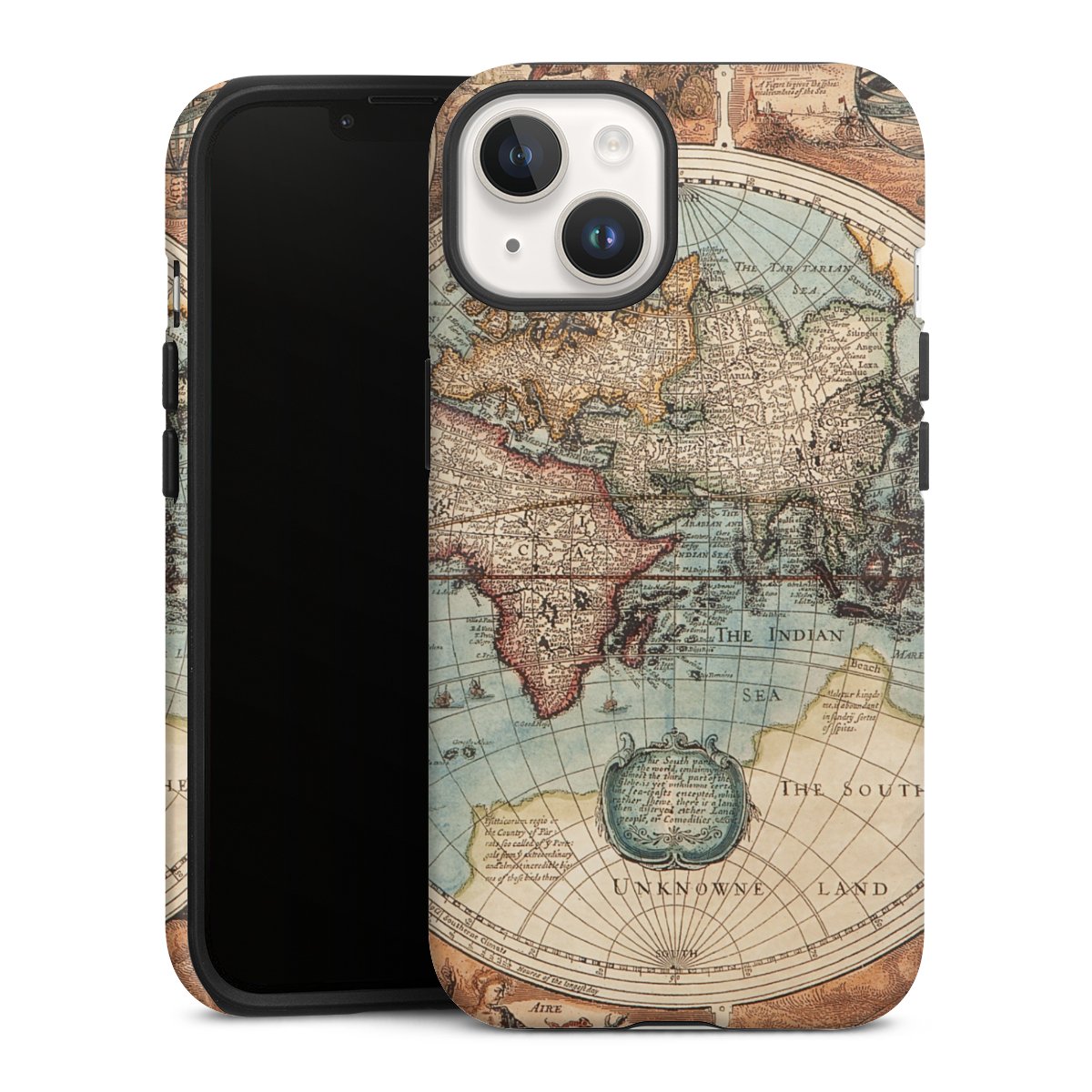 iPhone 14 Handy Panzer Handyhülle robuste Outdoor Hülle Schutzhülle matt World Map Vintage Map Tough Case