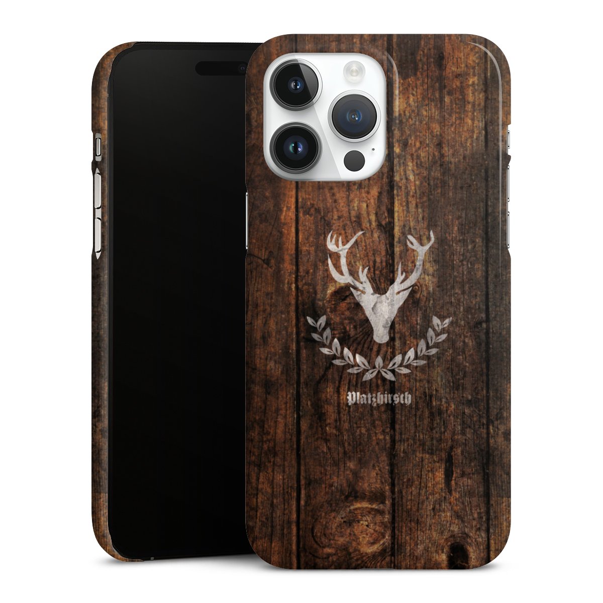 iPhone 14 Pro Max Handy Premium Case Smartphone Handyhülle Schutzhülle glänzend Deer Wood Wooden Look Premium Case