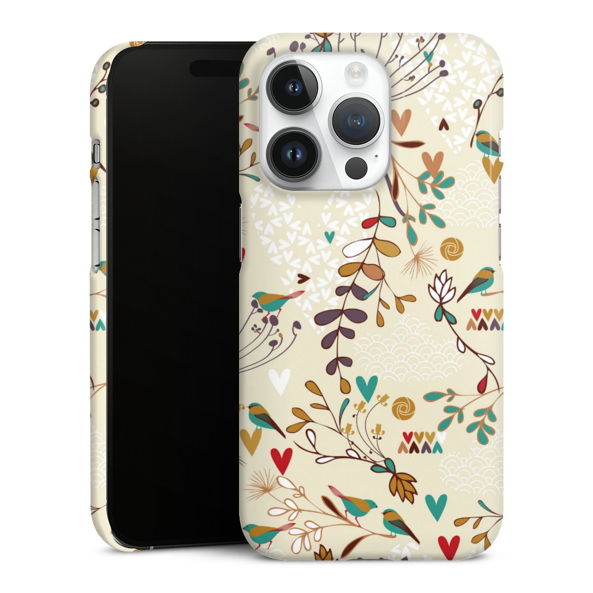 iPhone 14 Pro Handy Premium Case Smartphone Handyhülle Schutzhülle glänzend Bird Flowers Retro Premium Case