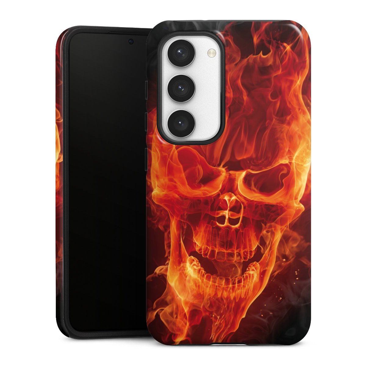 Galaxy S23 Handy Panzer Handyhülle robuste Outdoor Hülle Schutzhülle glänzend Totenkopf Skull Fire Tough Case