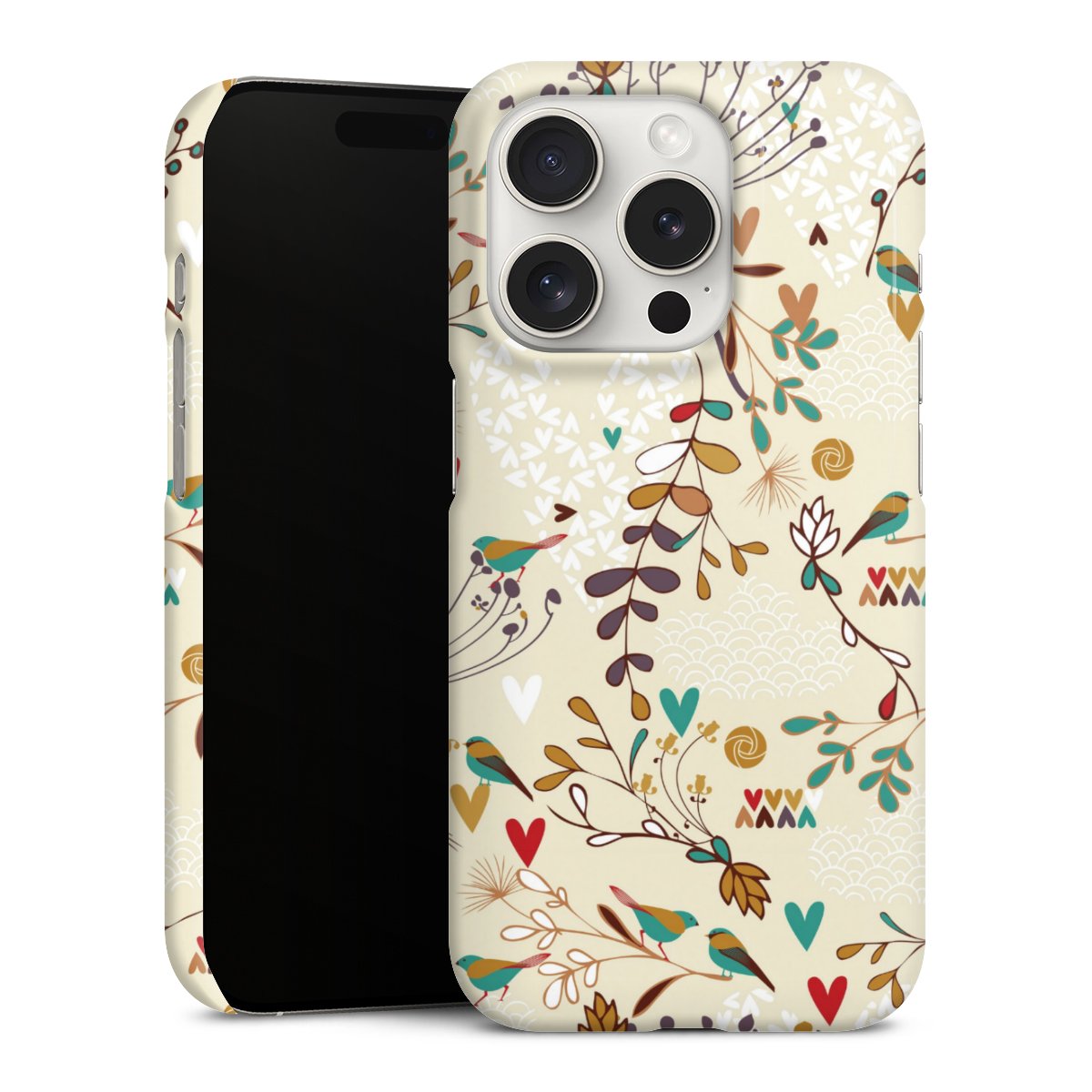 iPhone 15 Pro Handy Premium Case Smartphone Handyhülle Schutzhülle glänzend Bird Flowers Retro Premium Case