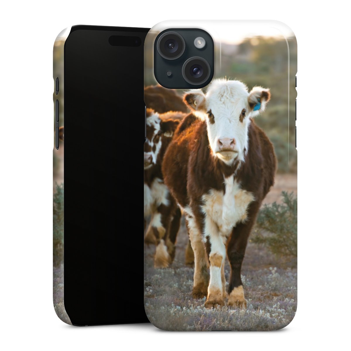 iPhone 15 Plus Handy Premium Case Smartphone Handyhülle Schutzhülle glänzend Cow Farmer Calf Premium Case