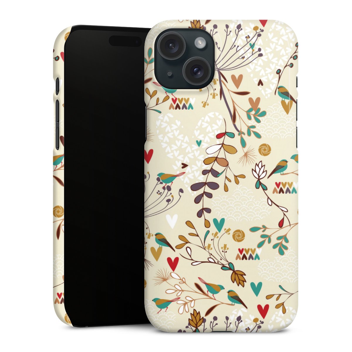 iPhone 15 Plus Handy Premium Case Smartphone Handyhülle Schutzhülle glänzend Bird Flowers Retro Premium Case