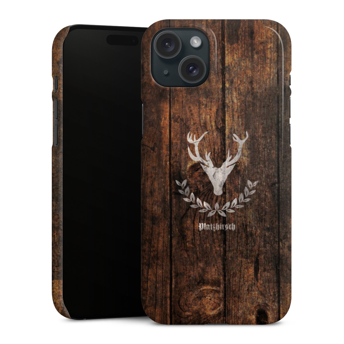 iPhone 15 Plus Handy Premium Case Smartphone Handyhülle Schutzhülle glänzend Deer Wood Wooden Look Premium Case