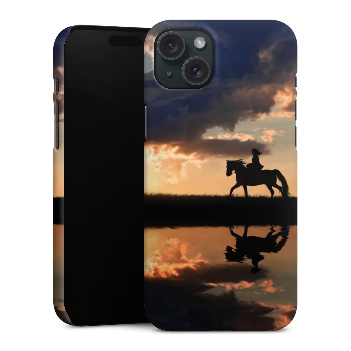 iPhone 15 Plus Handy Premium Case Smartphone Handyhülle Schutzhülle matt Horse Sunset Horseback Riding Premium Case