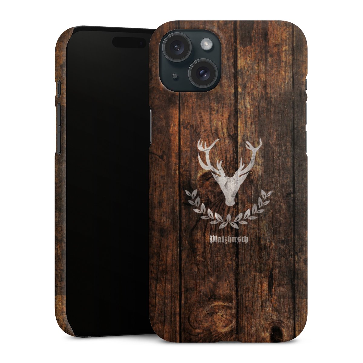 iPhone 15 Plus Handy Premium Case Smartphone Handyhülle Schutzhülle matt Deer Wood Wooden Look Premium Case