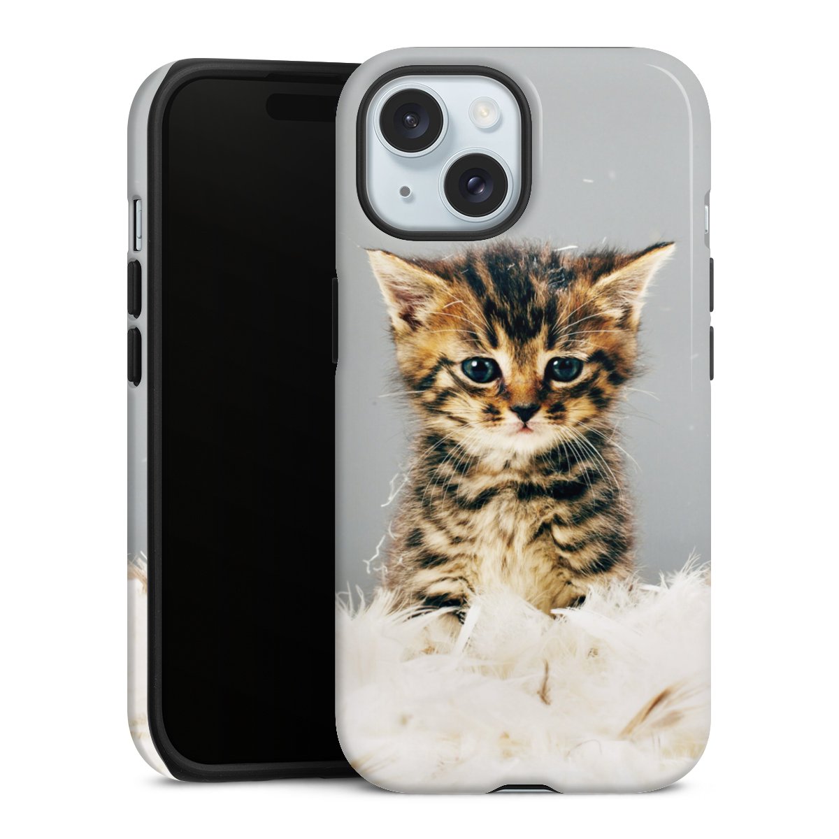 iPhone 15 Handy Panzer Handyhülle robuste Outdoor Hülle Schutzhülle glänzend Cat Feather Pet Tough Case