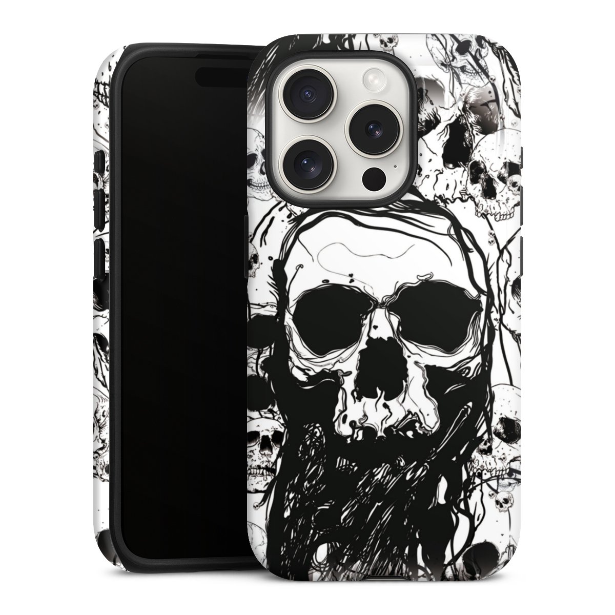 iPhone 15 Pro Handy Panzer Handyhülle robuste Outdoor Hülle Schutzhülle glänzend Totenkopf Halloween Tough Case