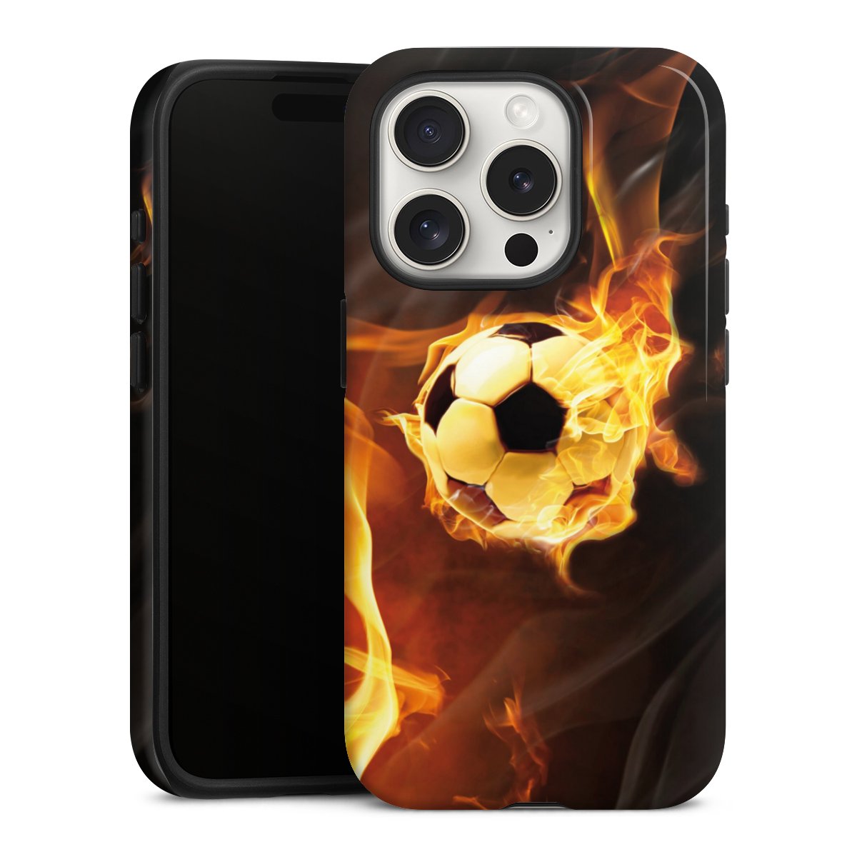 iPhone 15 Pro Handy Panzer Handyhülle robuste Outdoor Hülle Schutzhülle glänzend Ball Fire Soccer Tough Case