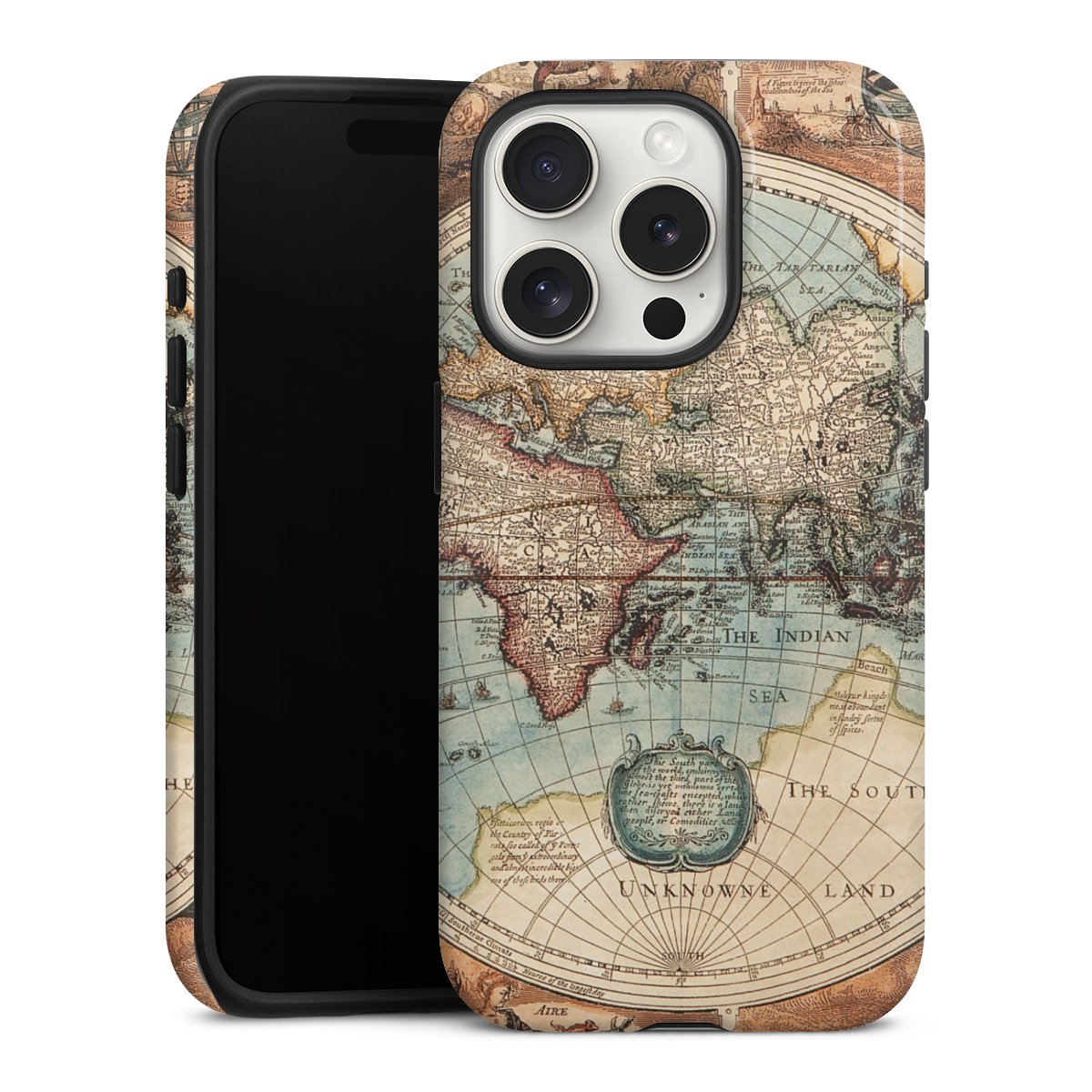 iPhone 15 Pro Handy Panzer Handyhülle robuste Outdoor Hülle Schutzhülle glänzend World Map Vintage Map Tough Case