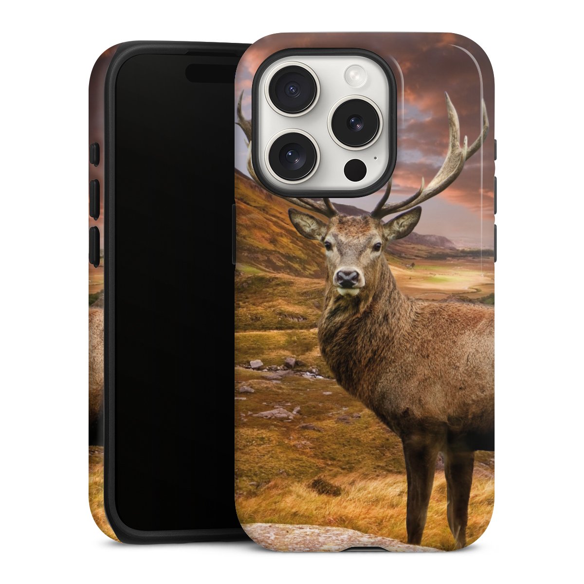 iPhone 15 Pro Handy Panzer Handyhülle robuste Outdoor Hülle Schutzhülle glänzend Meadow Mountain Deer Tough Case