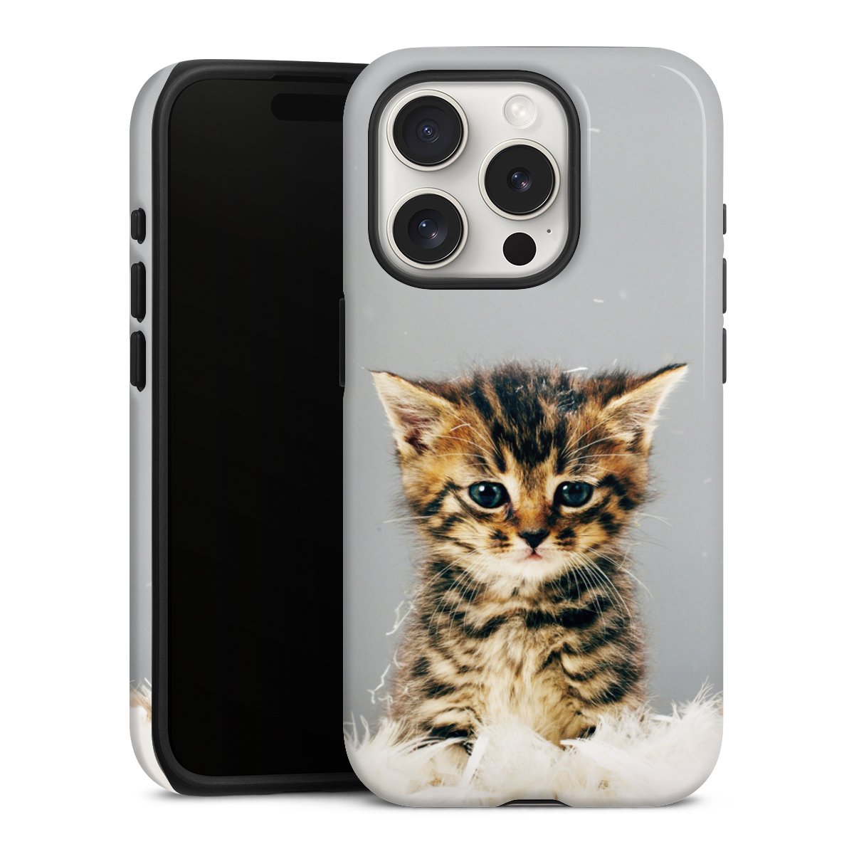 iPhone 15 Pro Handy Panzer Handyhülle robuste Outdoor Hülle Schutzhülle glänzend Cat Feather Pet Tough Case