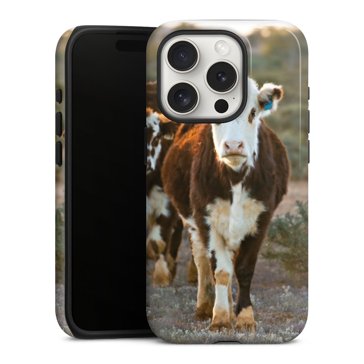 iPhone 15 Pro Handy Panzer Handyhülle robuste Outdoor Hülle Schutzhülle glänzend Cow Farmer Calf Tough Case